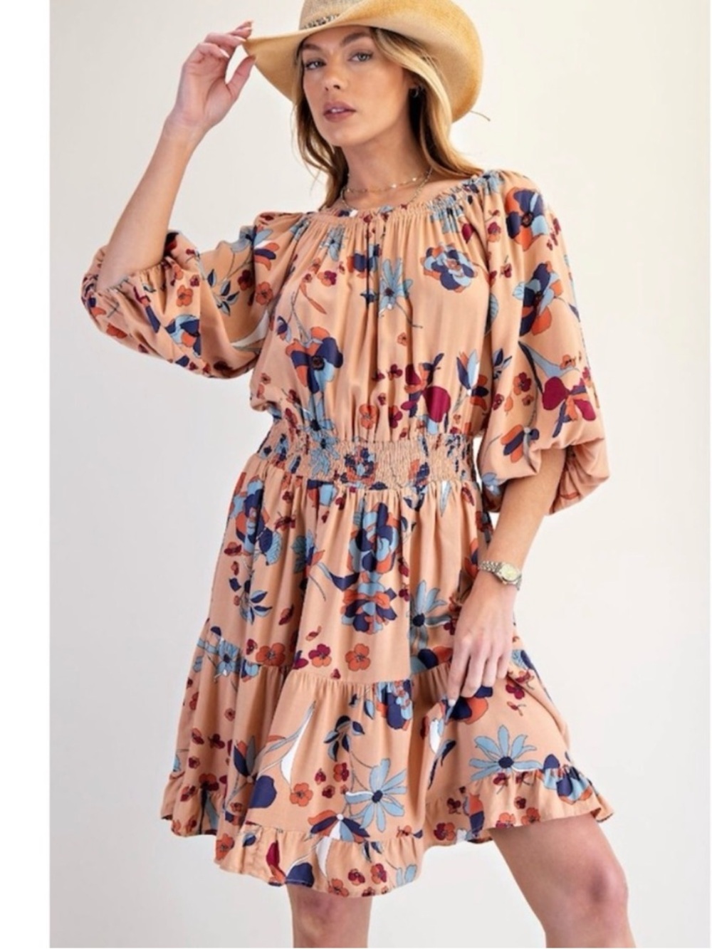 Easel Latte Floral Smocked Waist Dress NWT